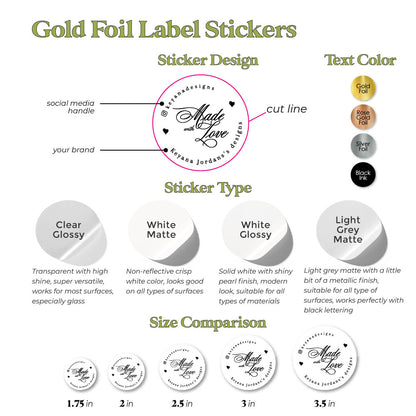 Gold Foiled 'Made with Love' Stickers - Elegant Packaging Labeling Solution - Customizable Design Options - High-Quality Vinyl