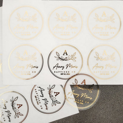 gold foiled baptism stickers personalized with name and date - XOXOKristen
