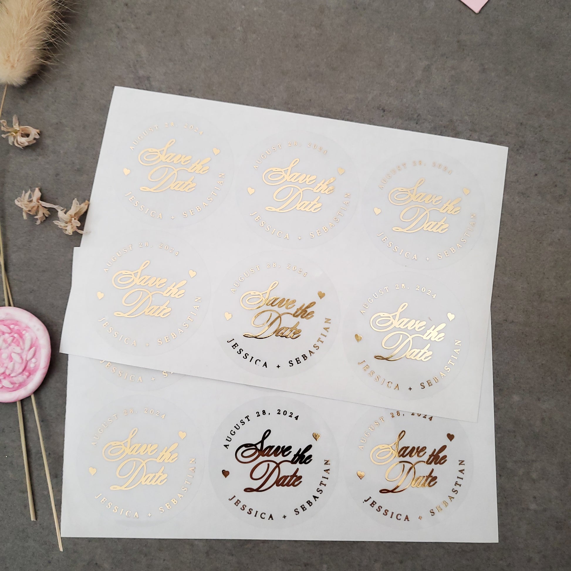 gold foiled wedding save the date stickers personalized with names and wedding date - XOXOKrsiten