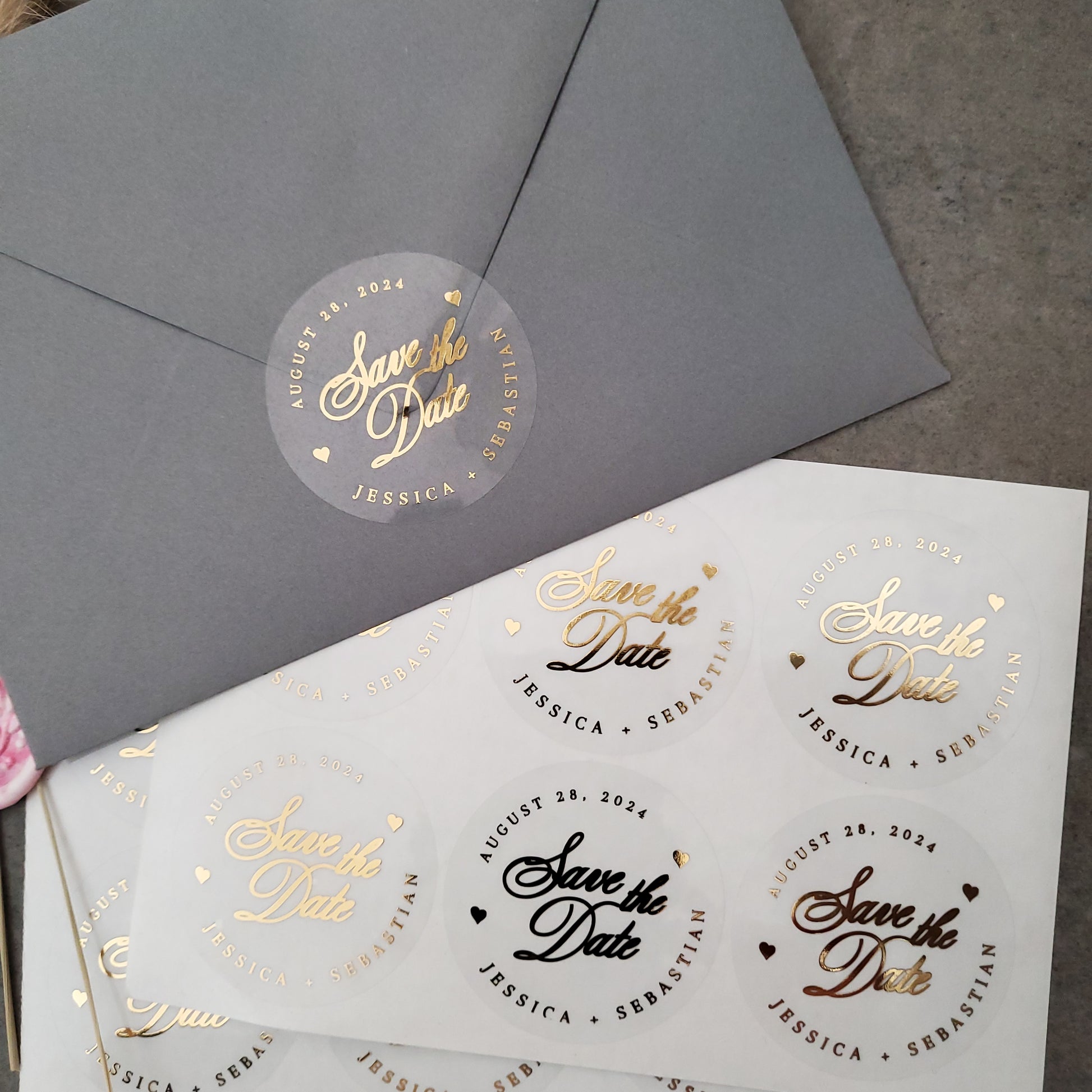 gold foiled wedding save the date stickers personalized with names and wedding date - XOXOKrsiten