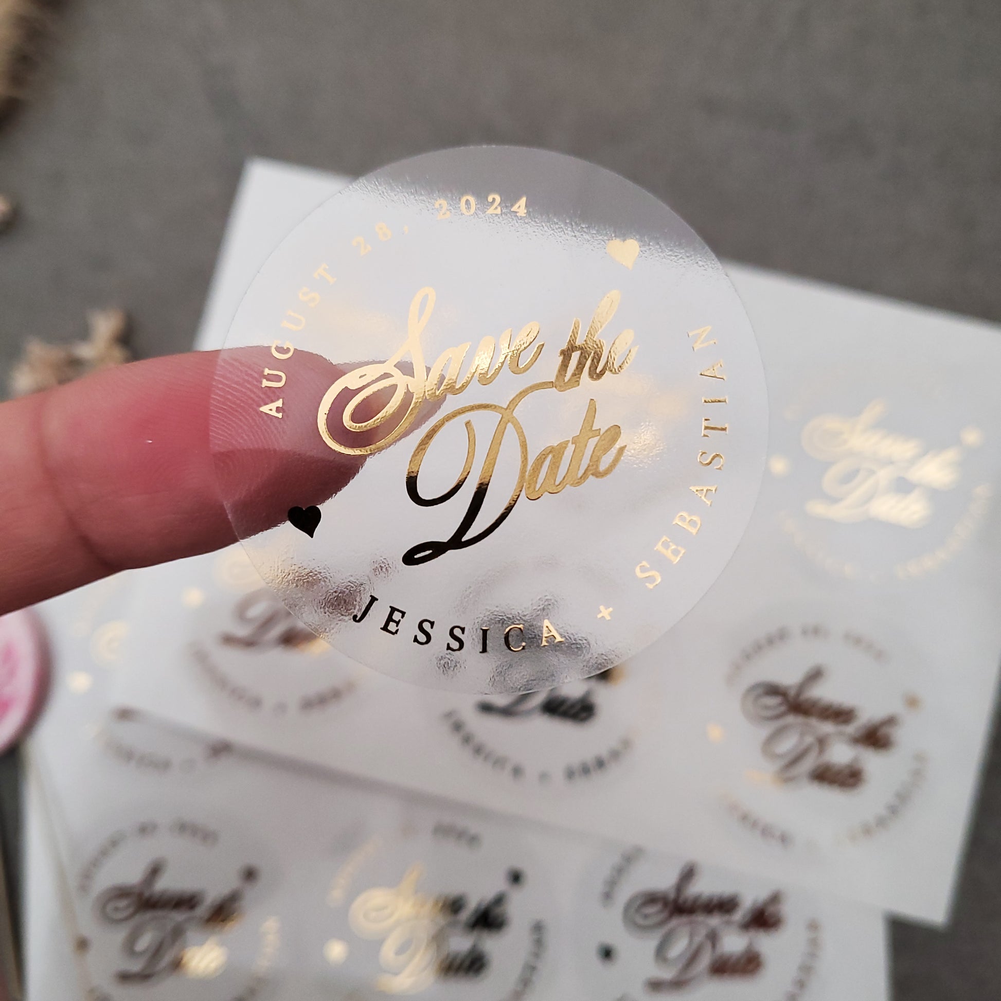 gold foiled wedding save the date stickers personalized with names and wedding date - XOXOKrsiten