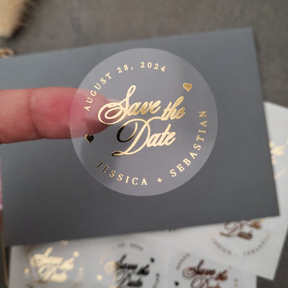 gold foiled wedding save the date stickers personalized with names and wedding date - XOXOKrsiten