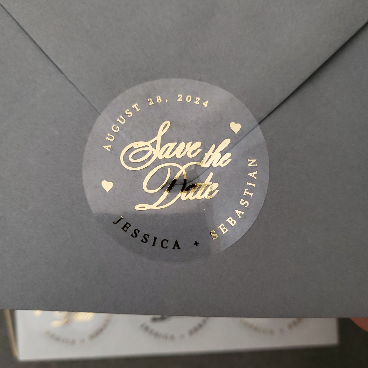 gold foiled wedding save the date stickers personalized with names and wedding date - XOXOKrsiten