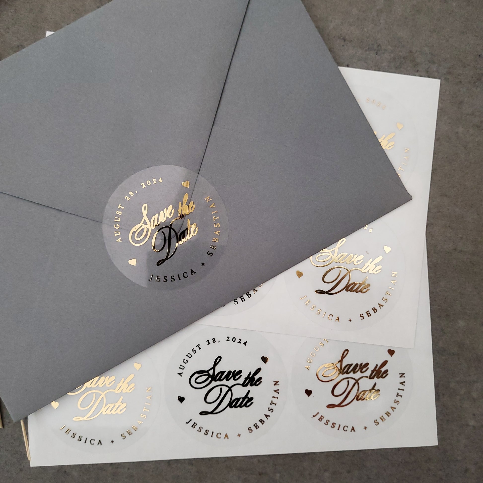 gold foiled wedding save the date stickers personalized with names and wedding date - XOXOKrsiten