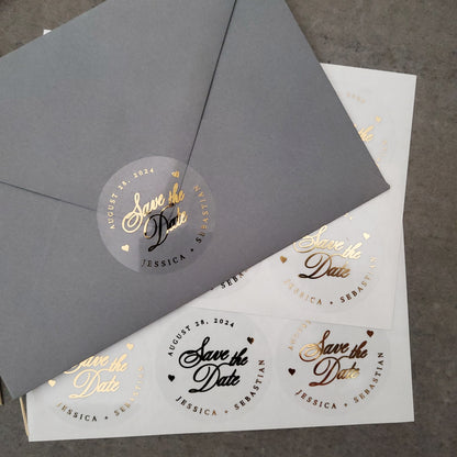 gold foiled wedding save the date stickers personalized with names and wedding date - XOXOKrsiten