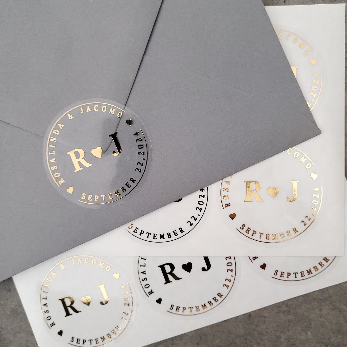 monogram gold foiled wedding favor stickers personalized with names and wedding date - XOXOKristen