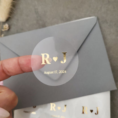 wedding favor labels and envelope seals with gold foiled initials and wedding date on clear self-adhesive sticker - XOXOKristen