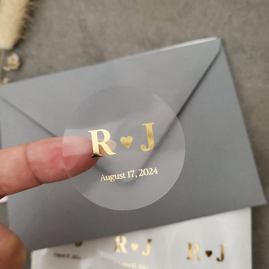 wedding favor labels and envelope seals with gold foiled initials and wedding date on clear self-adhesive sticker - XOXOKristen