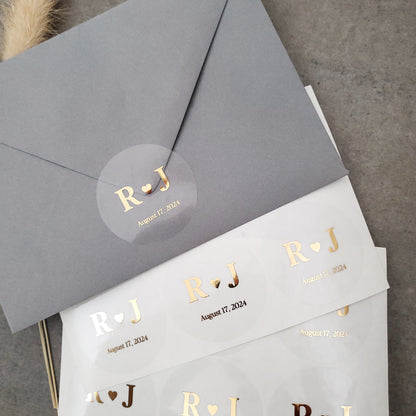 wedding favor labels and envelope seals with gold foiled initials and wedding date on clear self-adhesive sticker - XOXOKristen