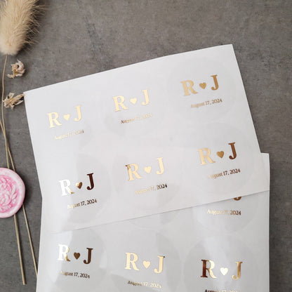 wedding favor labels and envelope seals with gold foiled initials and wedding date on clear self-adhesive sticker - XOXOKristen