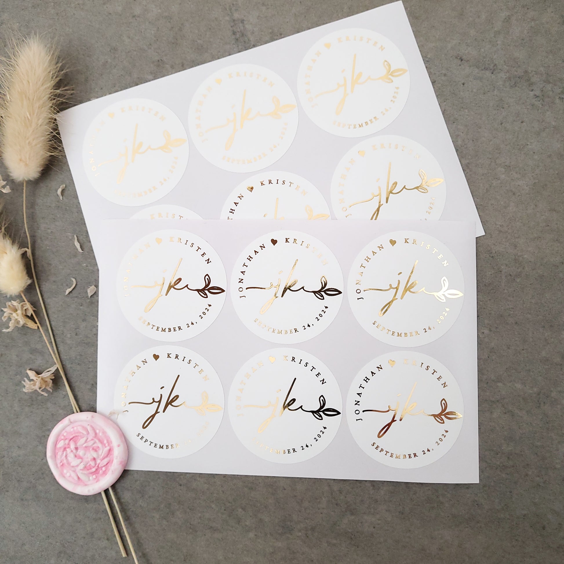 gold foiled wedding favor stickers and envelope seals with names, initials and wedding date - XOXOKristen