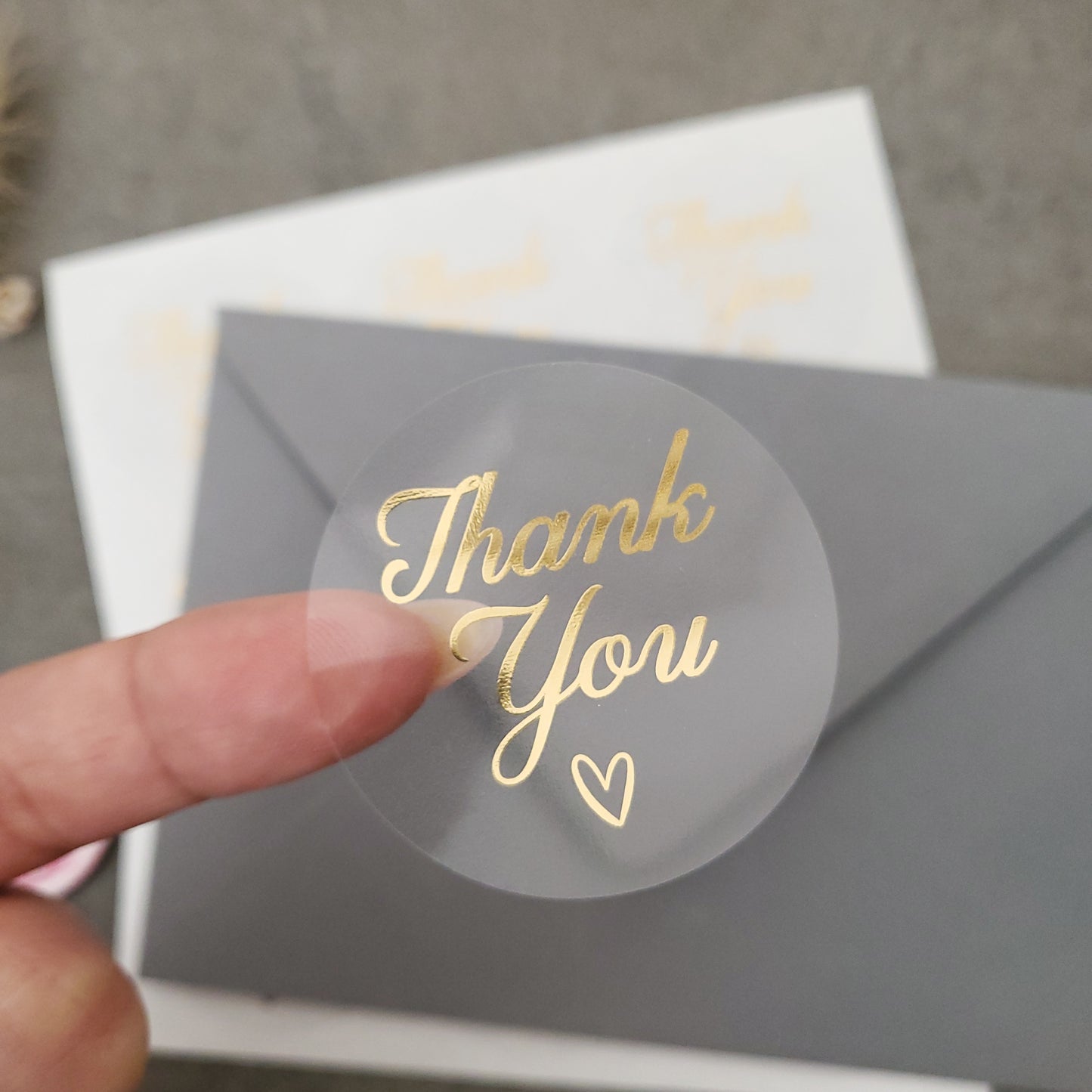 gold foiled thank you labels with little heart on a clear sticker - XOXOKristen
