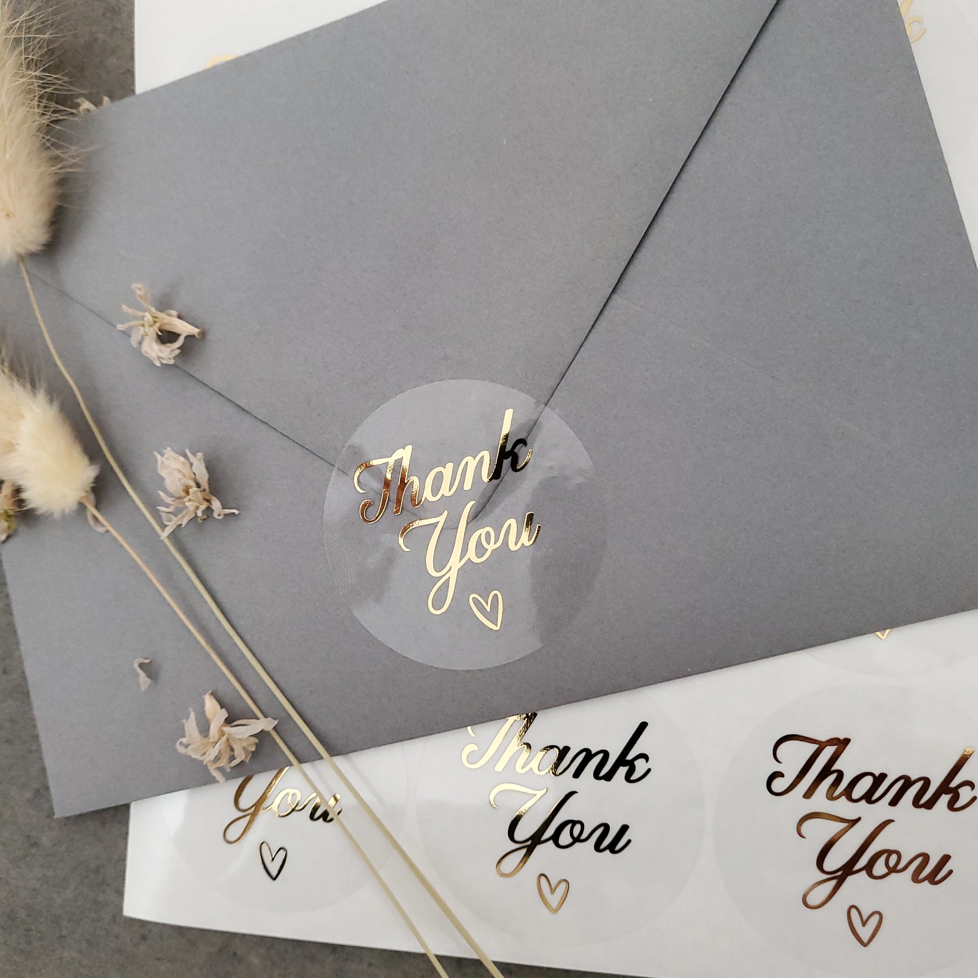 gold foiled thank you labels with little heart on a clear sticker - XOXOKristen