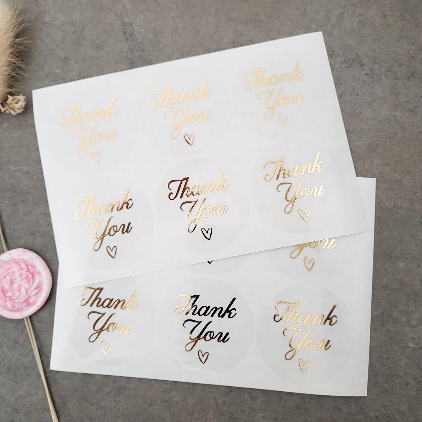 gold foiled thank you labels with little heart on a clear sticker - XOXOKristen