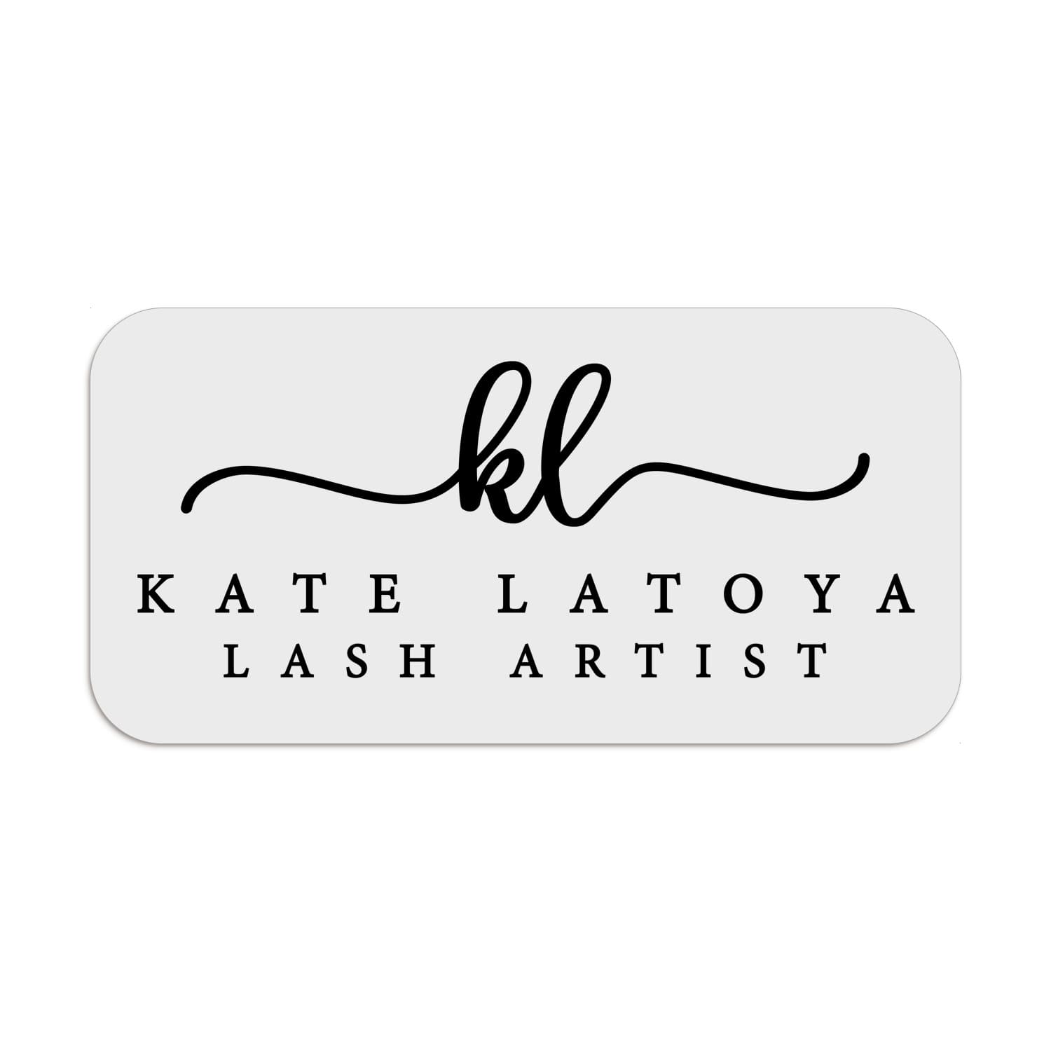 Rectangular custom branding label with flowing monogram initials in black script above bold serif text, printed on white background – XOXOKristen.