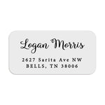 XOXOKristen personalized address label with elegant script name and block serif address text, printed in black ink on white PVC vinyl - XOXOKristen