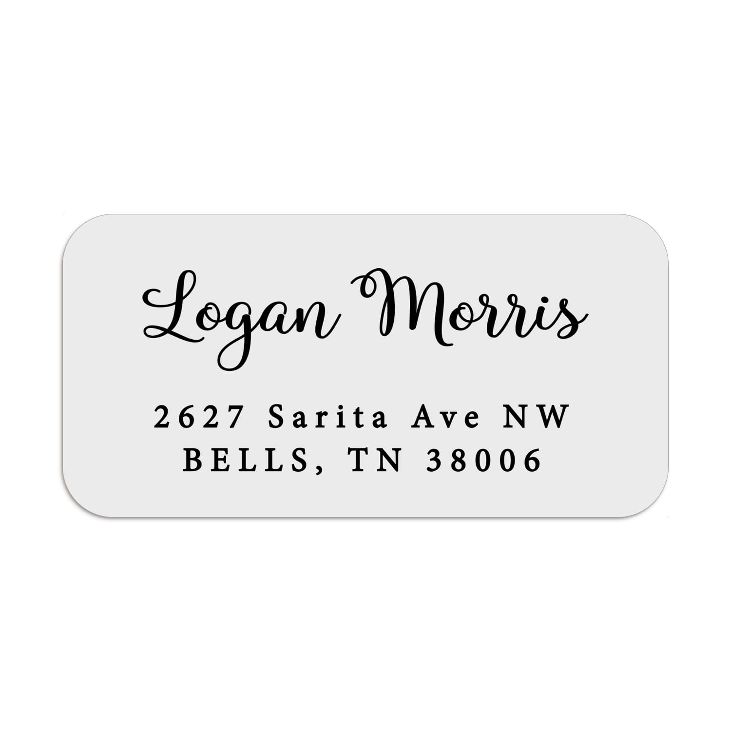 XOXOKristen personalized address label with elegant script name and block serif address text, printed in black ink on white PVC vinyl - XOXOKristen