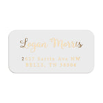 XOXOKristen return address label with personalized script name and serif block text, printed in luxurious gold foil on white PVC vinyl - XOXOKristen