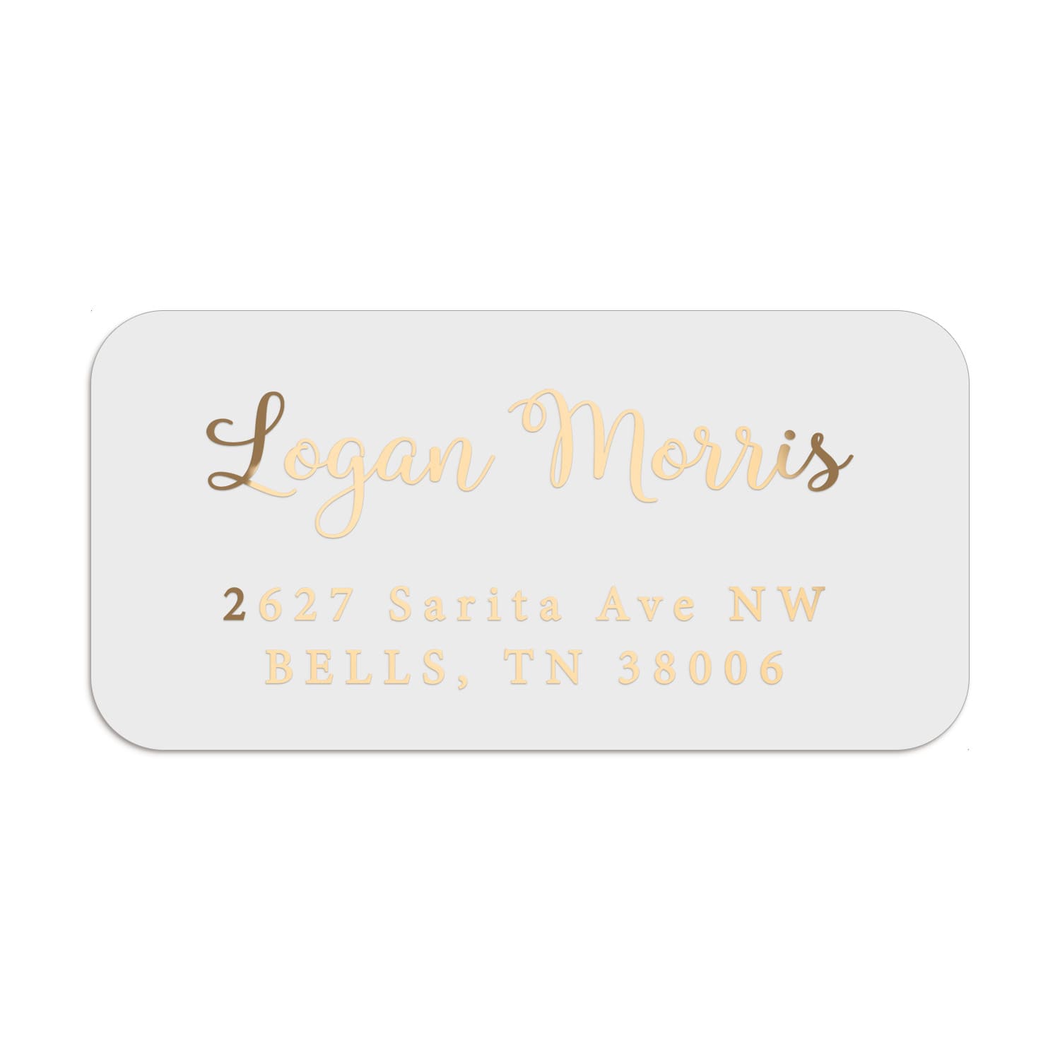 XOXOKristen return address label with personalized script name and serif block text, printed in luxurious gold foil on white PVC vinyl - XOXOKristen