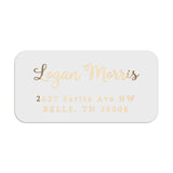 XOXOKristen return address label with personalized script name and serif block text, printed in luxurious gold foil on white PVC vinyl - XOXOKristen