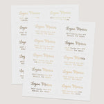 XOXOKristen sheet of personalized address labels in black ink, gold foil, rose gold foil, and silver foil finishes, on durable white PVC vinyl - XOXOKristen