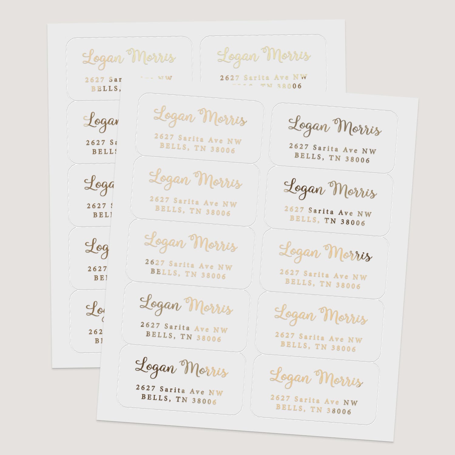XOXOKristen sheet of personalized address labels in black ink, gold foil, rose gold foil, and silver foil finishes, on durable white PVC vinyl - XOXOKristen