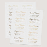 XOXOKristen sheet of personalized address labels in black ink, gold foil, rose gold foil, and silver foil finishes, on durable white PVC vinyl - XOXOKristen