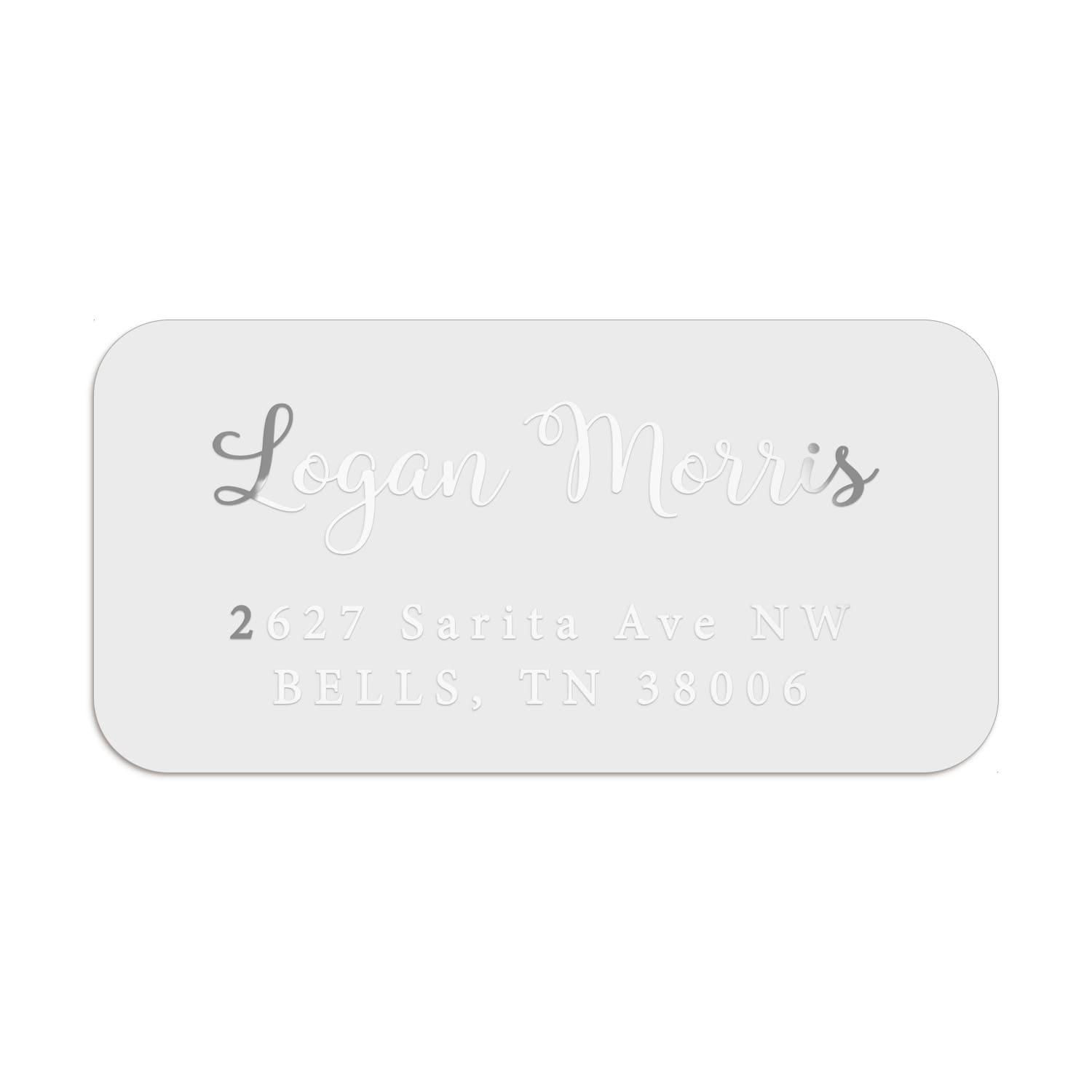 XOXOKristen silver foil address label with elegant script name and serif address text, printed on clear PVC vinyl for wedding stationery - XOXOKristen