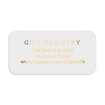 XOXOKristen cleary glossy rectangular personalized gift registry label in gold foil print, for additional information on invitations