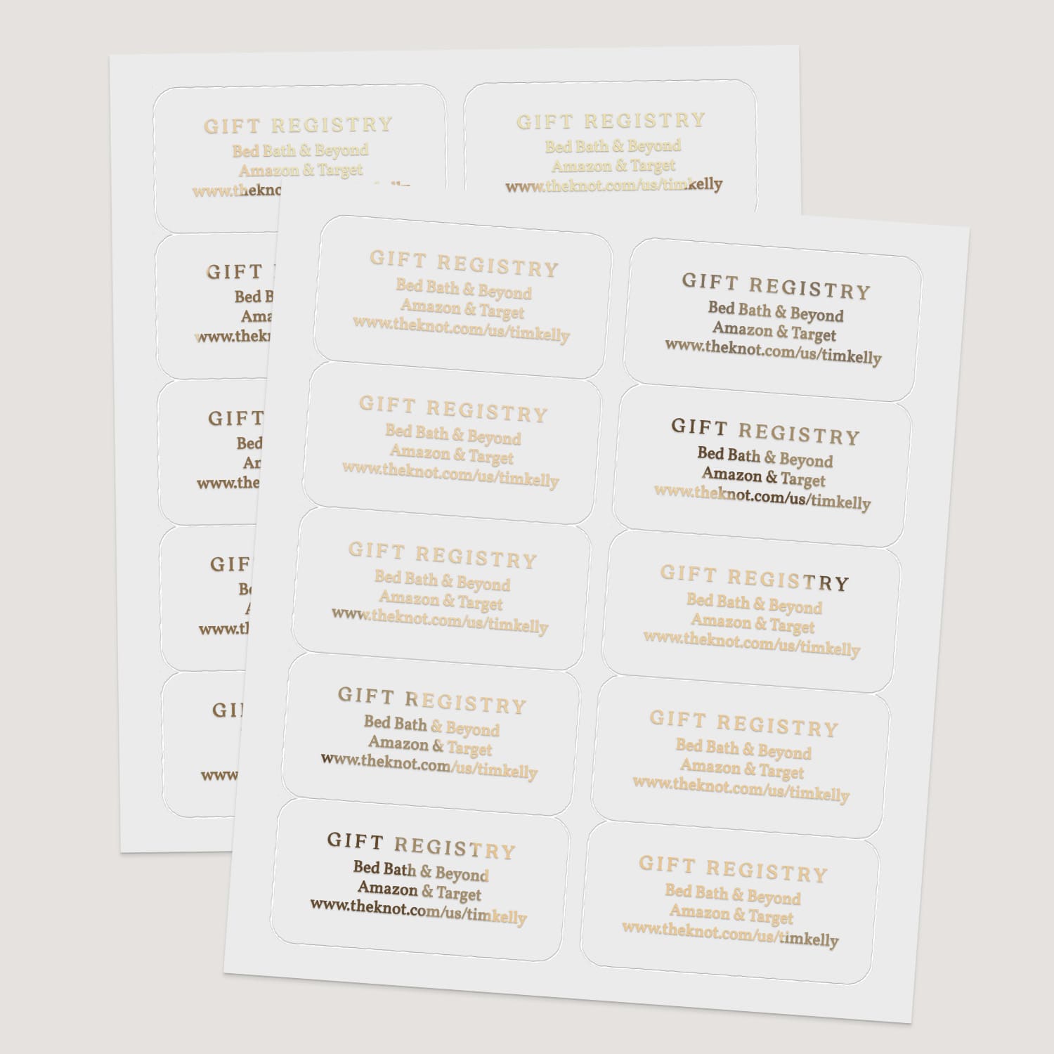 XOXOKristen cleary glossy rectangular personalized gift registry label in gold foil print, for additional information on invitations