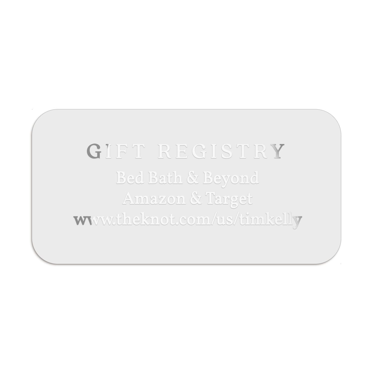 XOXOKristen cleary glossy rectangular personalized gift registry label in silver foil print, for additional information on invitations