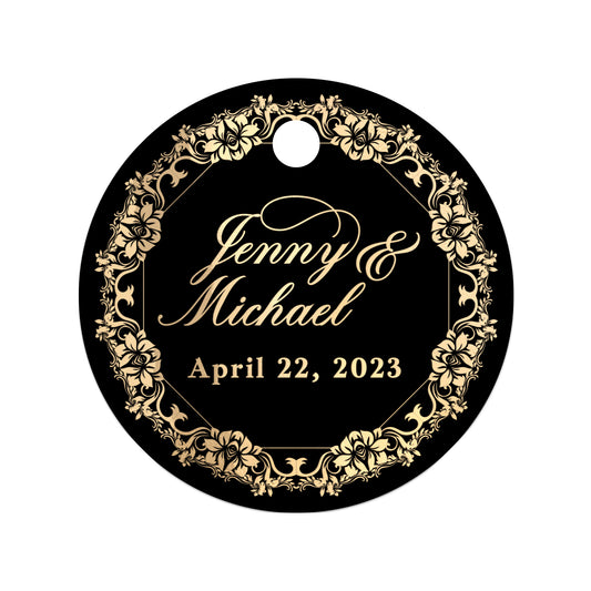 Round Foiled Custom Wedding Favor Tags in Black with Gold Frame
