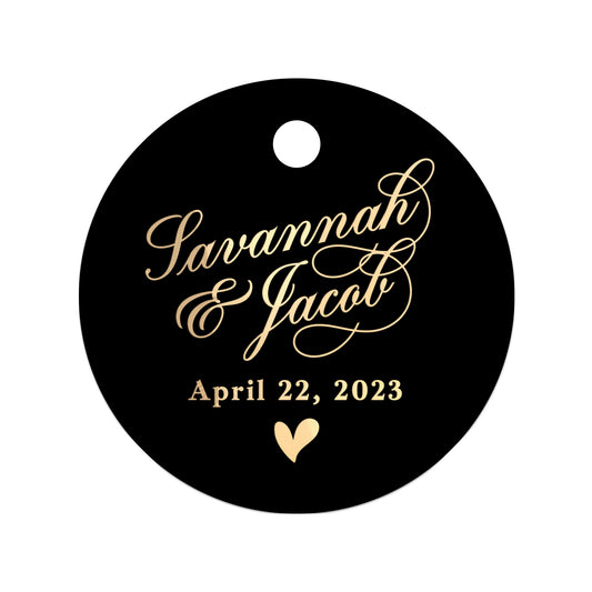 Custom Gold Foiled Wedding Favor Tags in Black