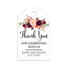 XOXOKristen personalized and custom burgundy floral thank you tags with dark red roses and blush accents, perfect for weddings, bridal showers, and baptism favors.