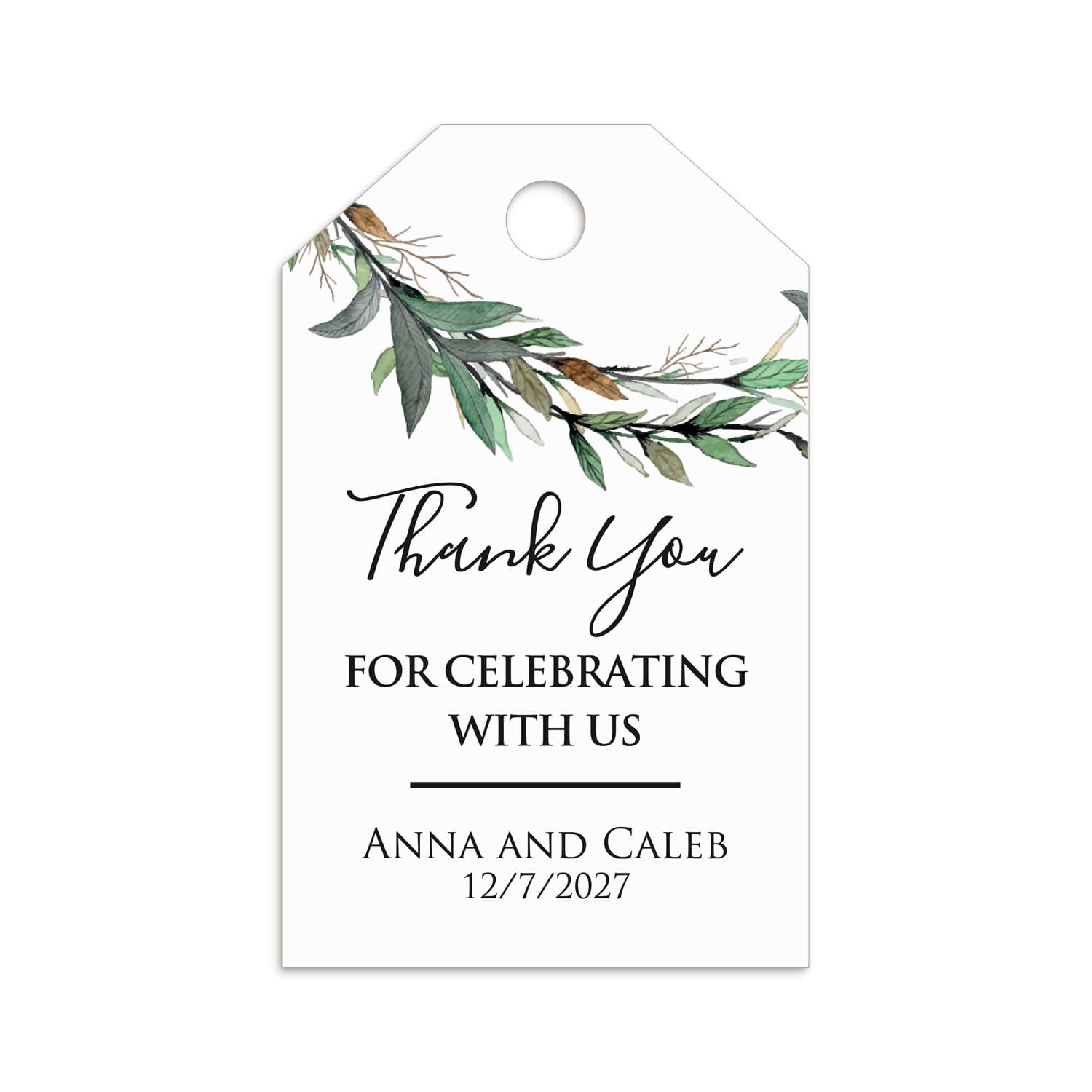 XOXOKristen personalized greenery leaf favor tags printed on premium white matte cardstock, ideal for custom eco-friendly wedding or baptism packaging.
