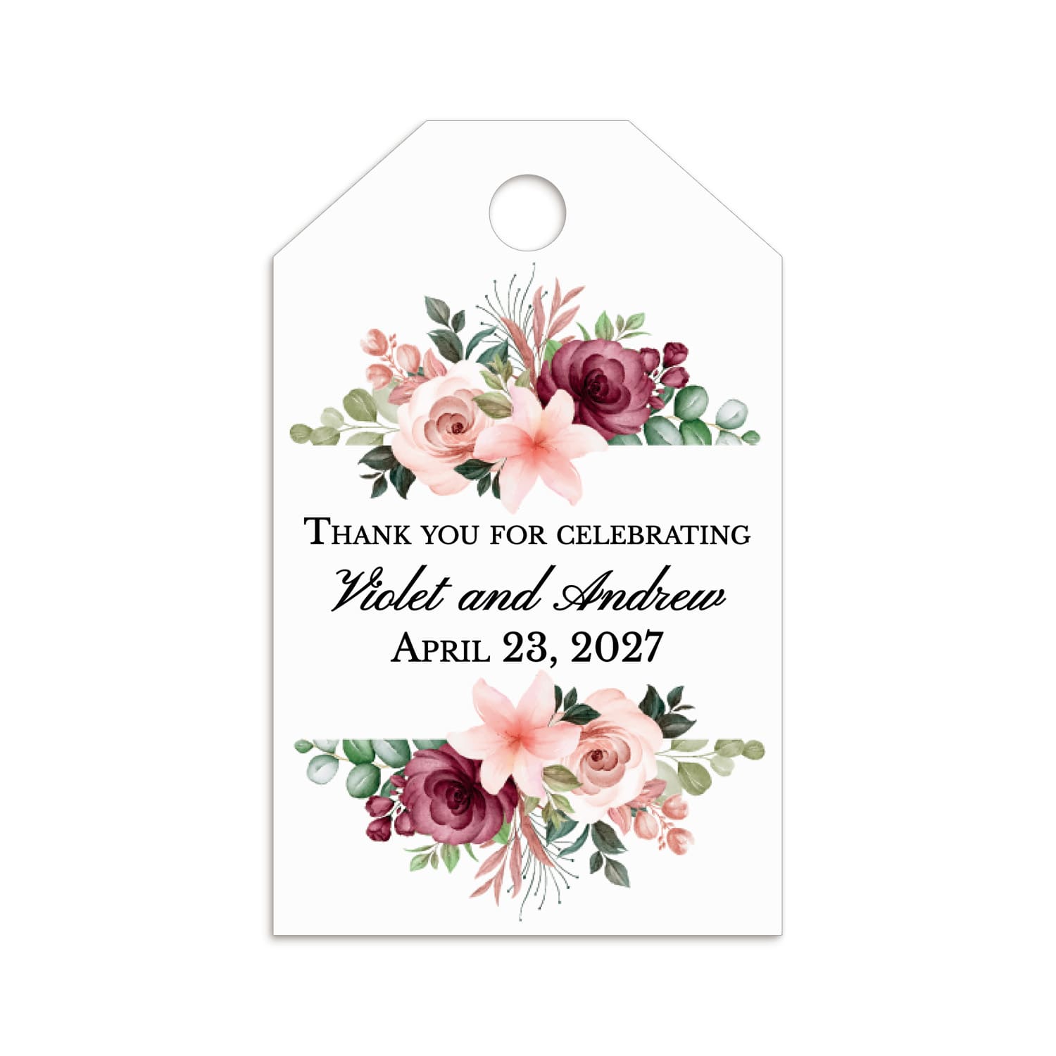 XOXOKristen personalized blush and burgundy wedding favor tags printed on matte white cardstock, perfect for custom bridal showers and romantic wedding favors.