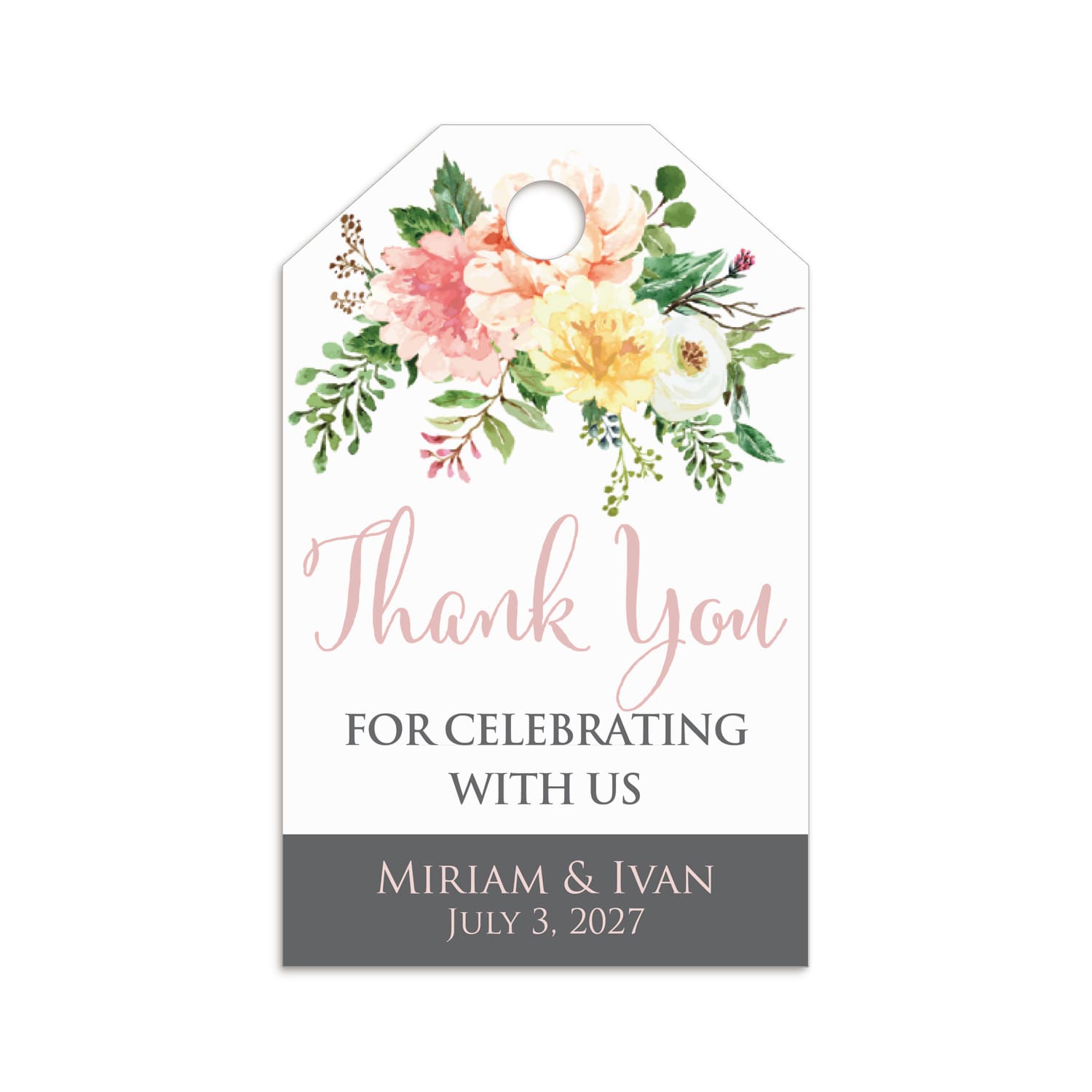 XOXOKristen personalized blush and yellow floral favor tags on white matte cardstock with green foliage, ideal for custom wedding, bridal shower, or baptism favors.