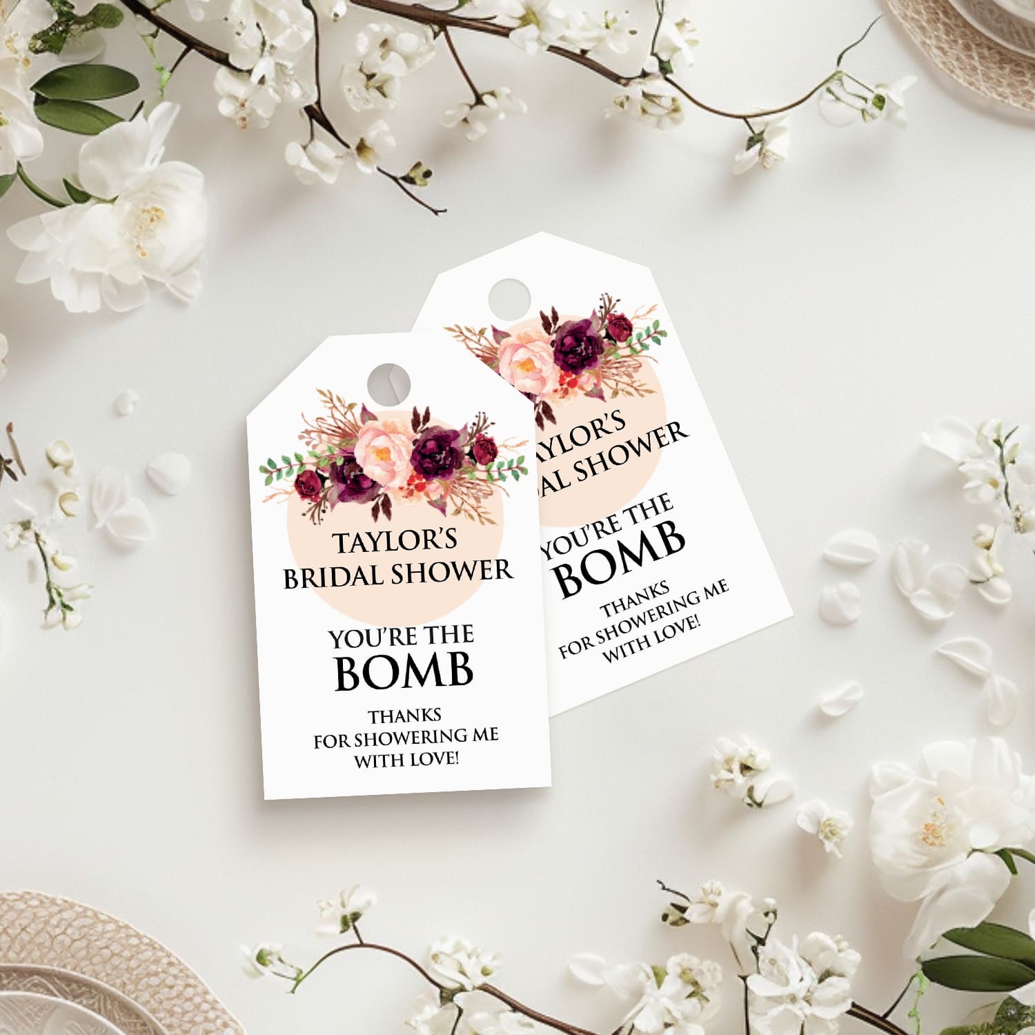 XOXOKristen personalized Burgundy Floral Bridal Shower Tags with the printed text “You’re the Bomb – Thanks for showering me with love,” featuring watercolor burgundy and blush flowers.