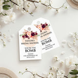 XOXOKristen personalized Burgundy Floral Bridal Shower Tags with the printed text “You’re the Bomb – Thanks for showering me with love,” featuring watercolor burgundy and blush flowers.