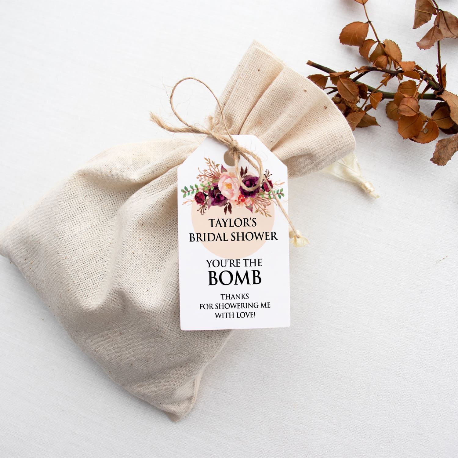 XOXOKristen custom Burgundy Floral Bridal Shower Tags displayed on a white background with elegant floral artwork and static black text for bridal shower favors and gift bags.