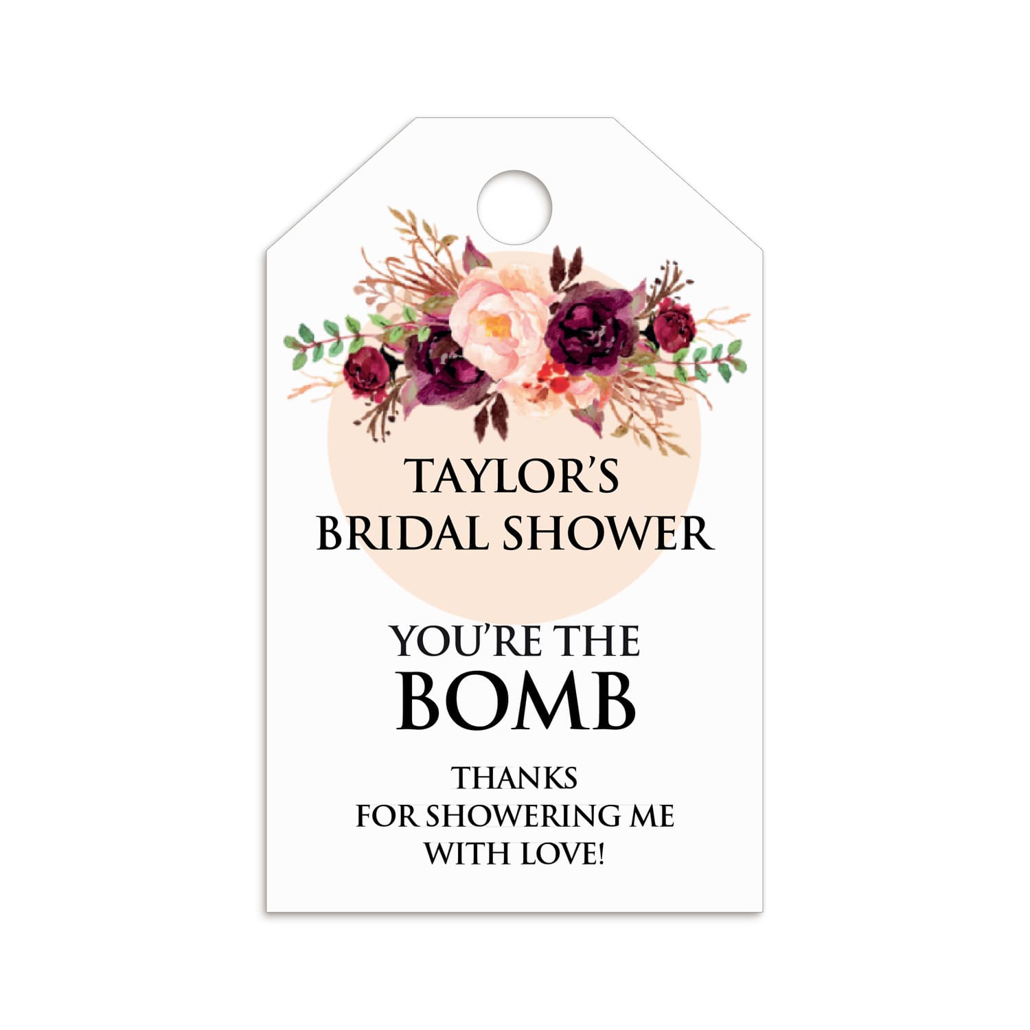 XOXOKristen personalized Burgundy Floral Bridal Shower Tags attached to a linen pouch with jute twine, showcasing deep wine flowers and the “You’re the Bomb” thank-you message.
