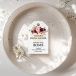 XOXOKristen custom Burgundy Floral Bridal Shower Tags with blush pink and burgundy roses and greenery, printed on smooth white cardstock for elegant personalized favors.