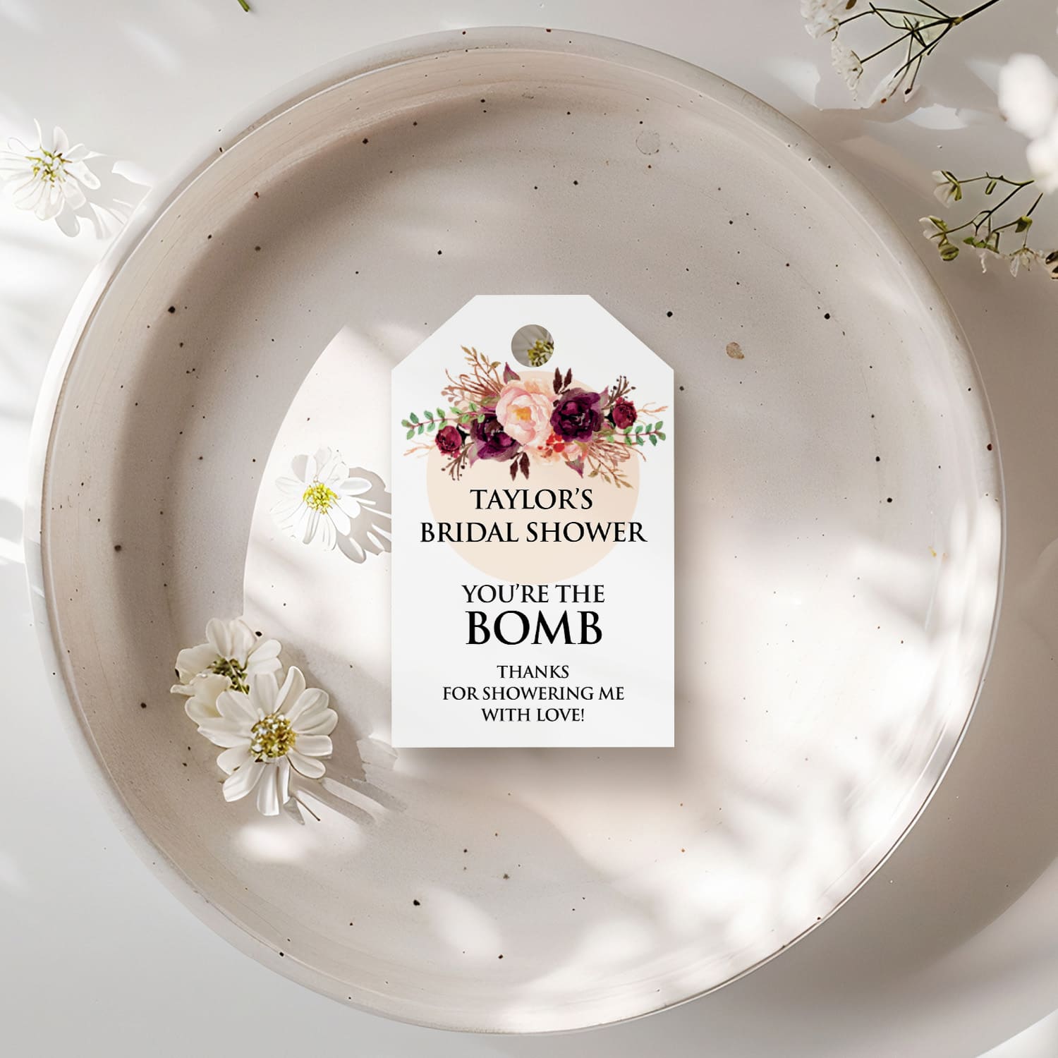 XOXOKristen custom Burgundy Floral Bridal Shower Tags with blush pink and burgundy roses and greenery, printed on smooth white cardstock for elegant personalized favors.