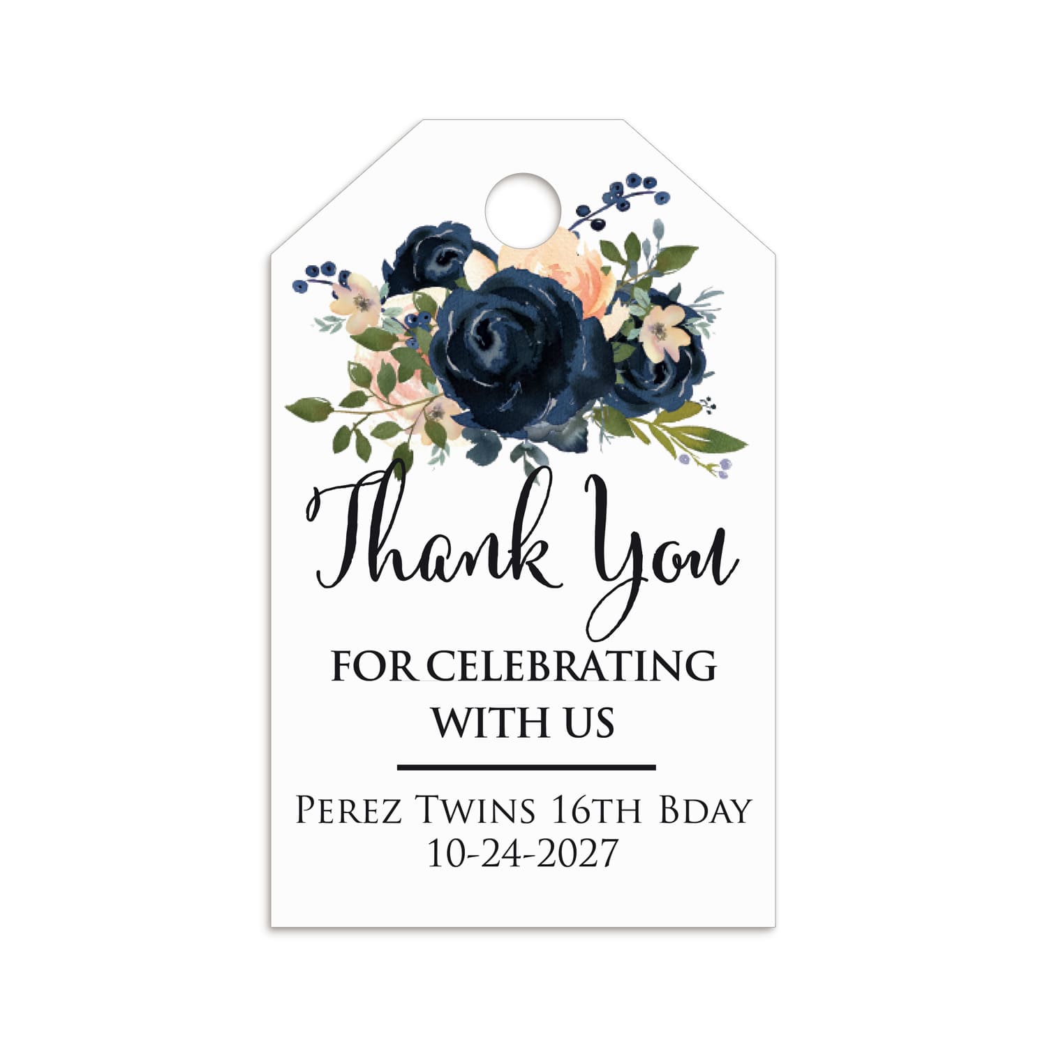 XOXOKristen personalized Navy Floral Thank You Tags attached to a linen favor bag with twine, showing the static “Thank You for Celebrating with Us” message in elegant script.