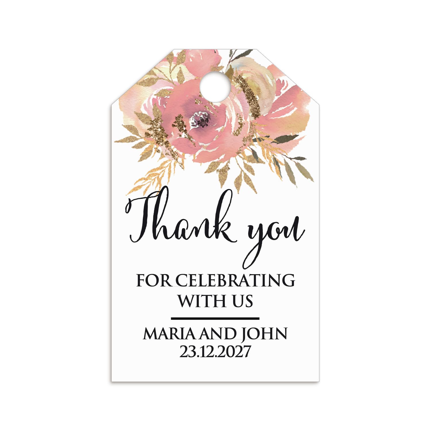 XOXOKristen personalized rose gold floral favor tags printed with the message “Thank You for Celebrating with Us,” featuring elegant blush pink and rose gold flowers on white matte cardstock.