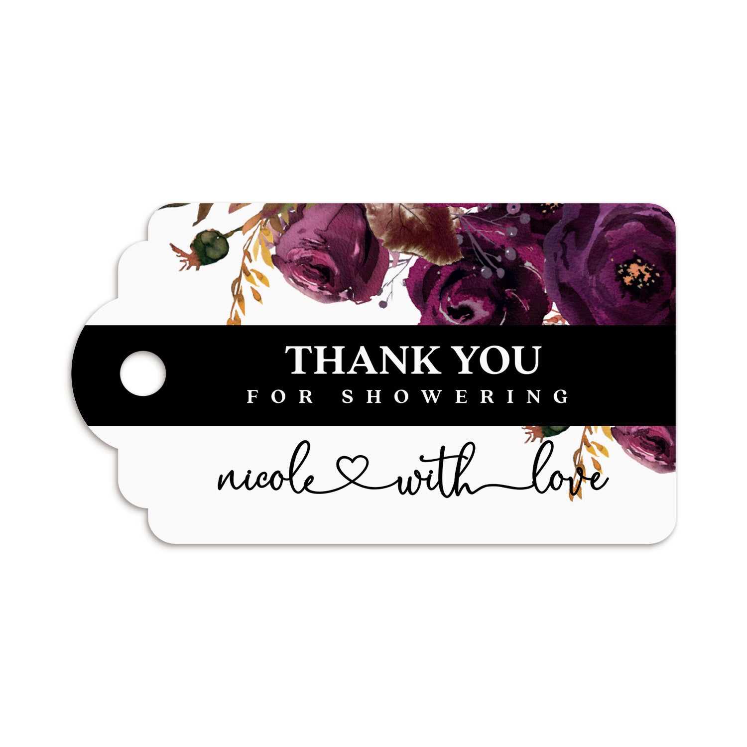 XOXOKristen Burgundy Floral Shower Thank You Tag with deep purple and burgundy flowers, black banner, and modern thank-you text — personalized and custom favor tag for bridal or baby showers.