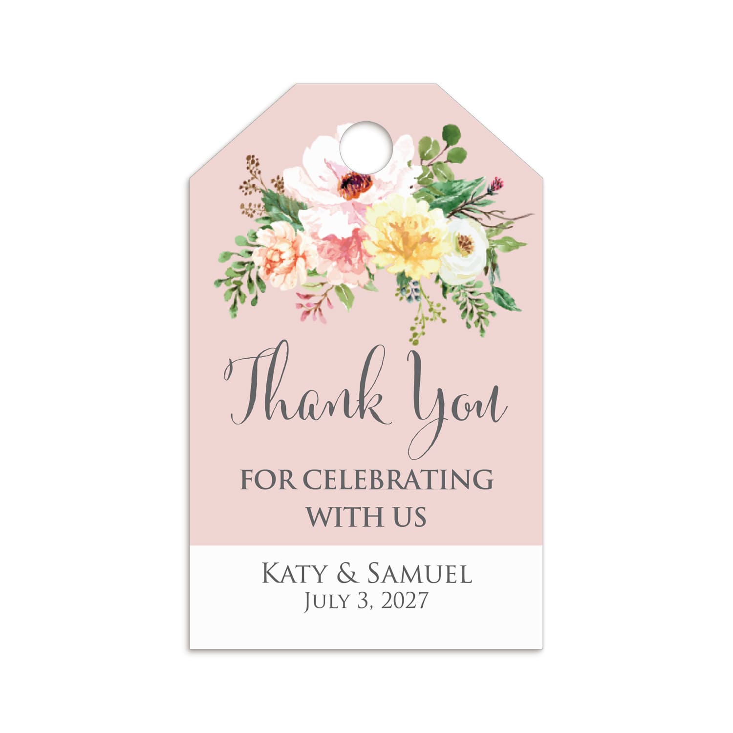 XOXOKristen personalized Blush Floral Thank You Tags attached to a natural linen favor bag with twine, displaying printed “Thank You for Celebrating with Us” in elegant script.