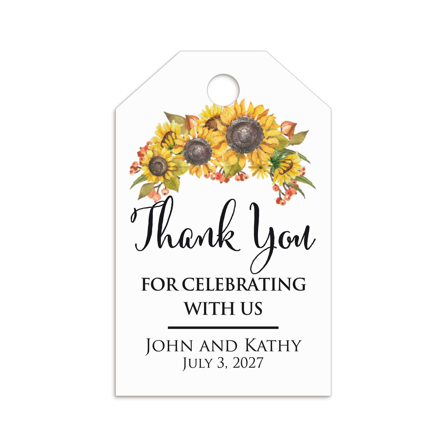 XOXOKristen personalized rustic sunflower favor tags with watercolor sunflowers, brown leaves, and red berries on white matte cardstock, ideal for weddings, showers, and birthdays.