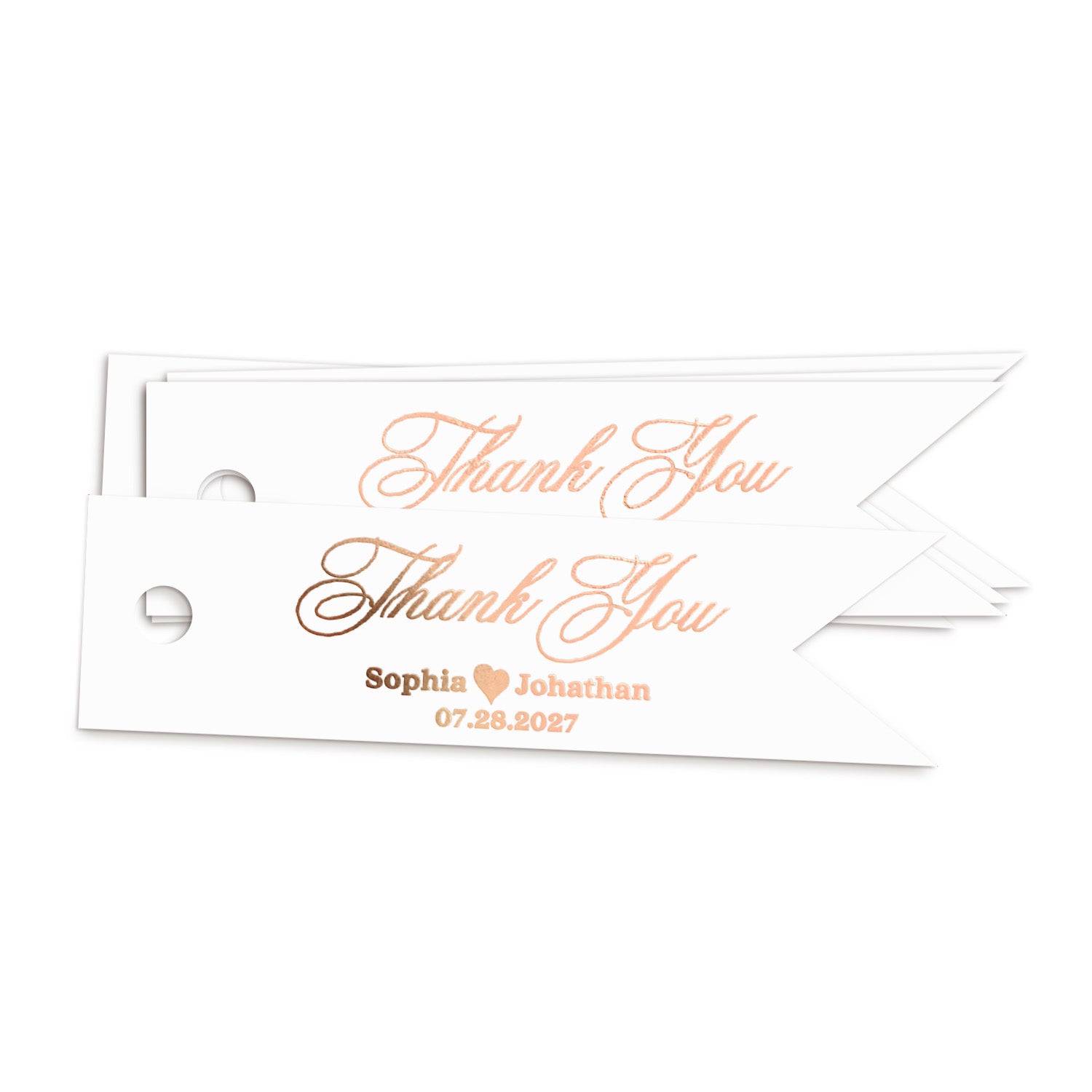 XOXOKristen rose gold Thank You Wedding Favor Tags with shimmering “Thank You” lettering and a heart detail, flag-cut white tags designed for custom wedding favors or bridal party gifts.