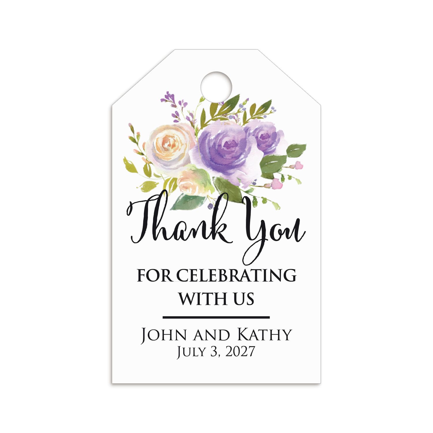 XOXOKristen personalized and custom lavender floral thank you tags with delicate purple and blush flowers, perfect for elegant weddings, baptisms, and bridal showers.